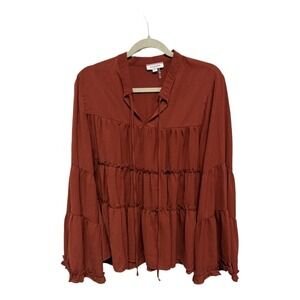 Andree By Unit Womens Blouse Orange Long Sleeve Bell Tie Neck Ruffles Pullover L